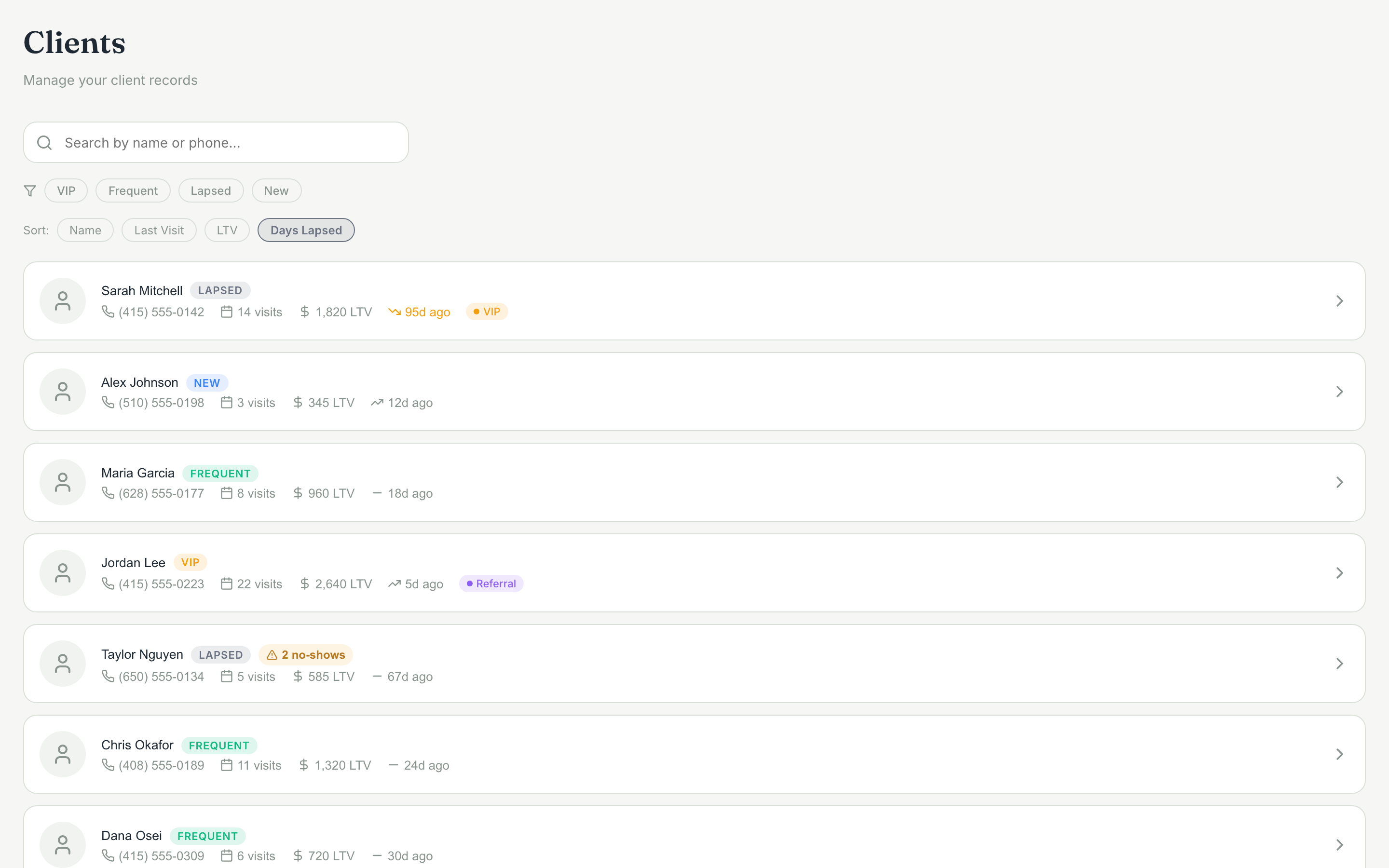 Tilly showing a lapsed client insight with days since their last visit and a suggested follow-up action